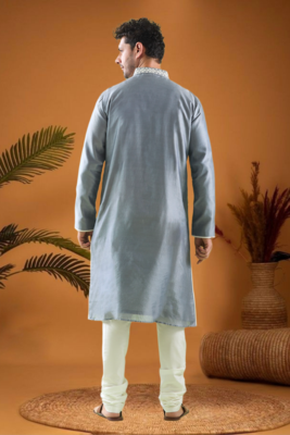 Grey cotton blend mirror work kurta pajama 2