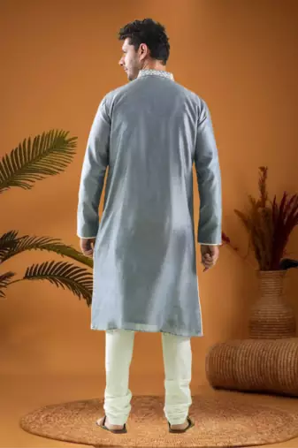 Grey cotton blend mirror work kurta pajama