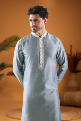 Grey cotton blend mirror work kurta pajama 3