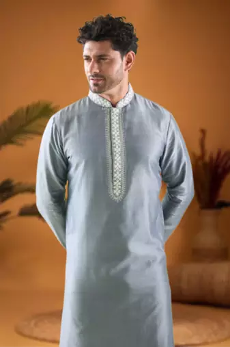 Grey cotton blend mirror work kurta pajama