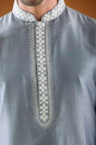 Grey cotton blend mirror work kurta pajama