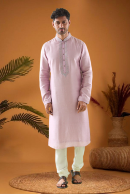 Pink cotton blend mirror work kurta pajama 1