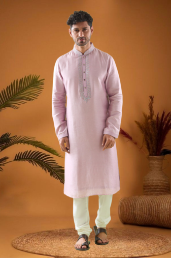 Pink cotton blend mirror work kurta pajama