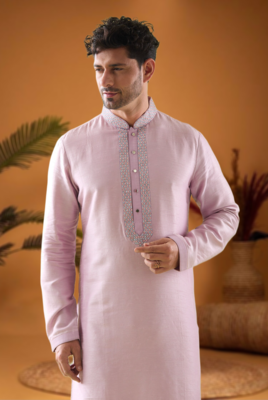 Pink cotton blend mirror work kurta pajama 2