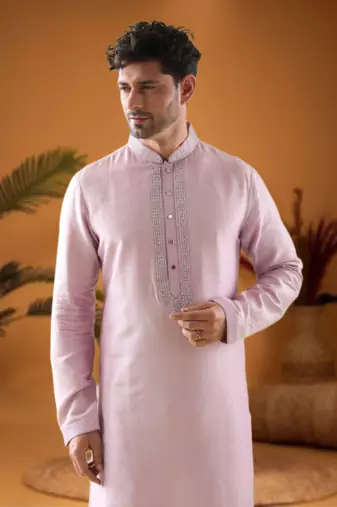 Pink cotton blend mirror work kurta pajama