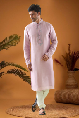 Pink cotton blend mirror work kurta pajama 3