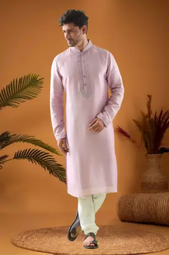 Pink cotton blend mirror work kurta pajama