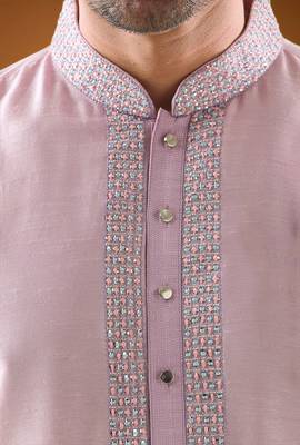 Pink cotton blend mirror work kurta pajama 5
