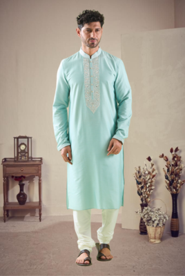 Green cotton blend mirror work kurta pajama 1