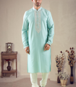 Green cotton blend mirror work kurta pajama