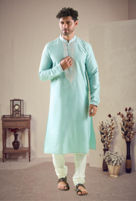 Green cotton blend mirror work kurta pajama 2