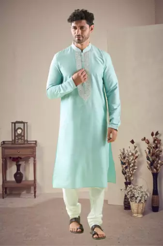 Green cotton blend mirror work kurta pajama