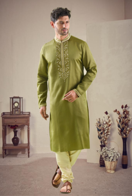 Green cotton blend embroidery kurta pajama 1
