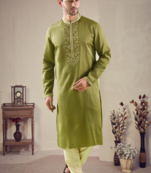 Green cotton blend embroidery kurta pajama