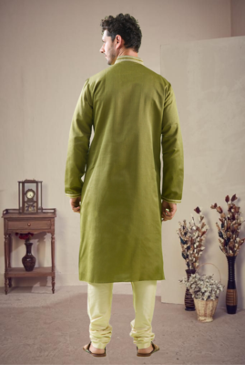Green cotton blend embroidery kurta pajama 2