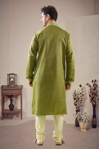Green cotton blend embroidery kurta pajama