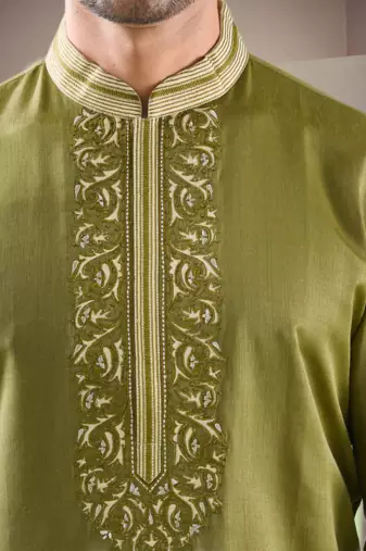 Green cotton blend embroidery kurta pajama
