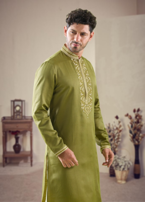 Green cotton blend embroidery kurta pajama 4