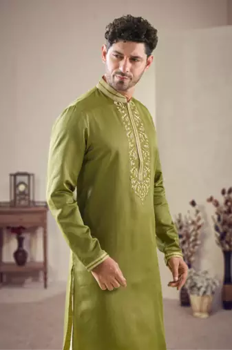 Green cotton blend embroidery kurta pajama