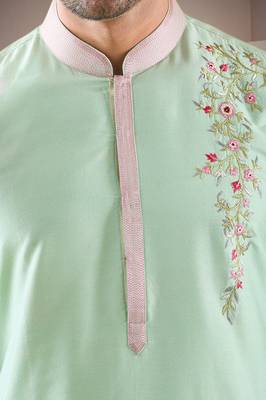 Green cotton blend embroidery kurta pajama 1