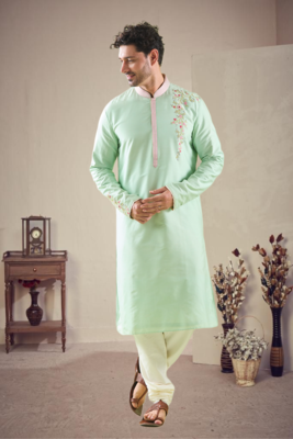 Green cotton blend embroidery kurta pajama 2