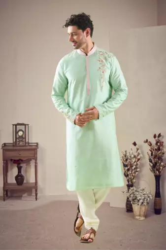 Green cotton blend embroidery kurta pajama
