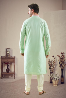Green cotton blend embroidery kurta pajama 3