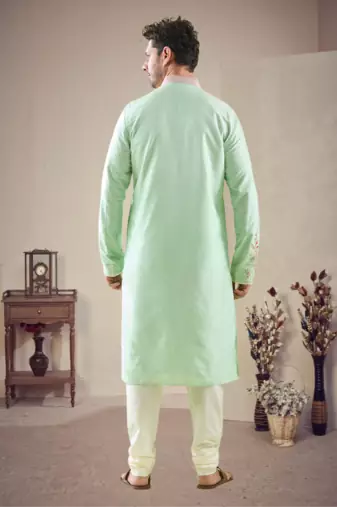 Green cotton blend embroidery kurta pajama
