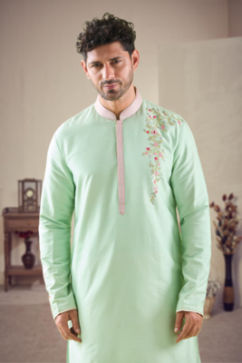 Green cotton blend embroidery kurta pajama 4