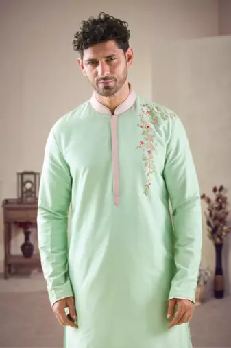 Green cotton blend embroidery kurta pajama