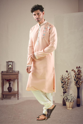 Pink cotton blend embroidery kurta pajama 1