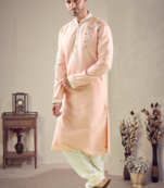 Pink cotton blend embroidery kurta pajama