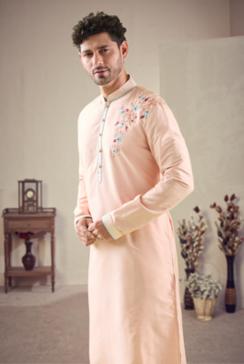Pink cotton blend embroidery kurta pajama 3