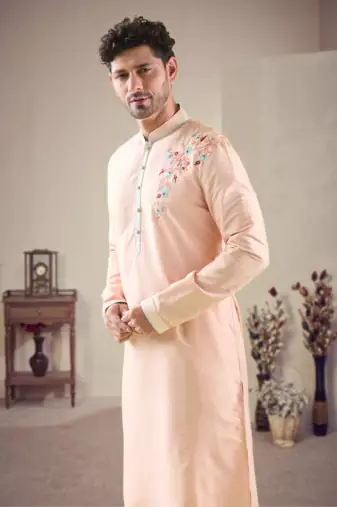 Pink cotton blend embroidery kurta pajama