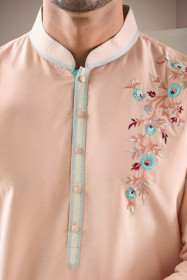 Pink cotton blend embroidery kurta pajama 4