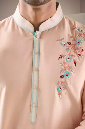 Pink cotton blend embroidery kurta pajama