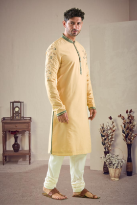 Yellow cotton blend embroidery kurta pajama 1