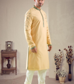 Yellow cotton blend embroidery kurta pajama