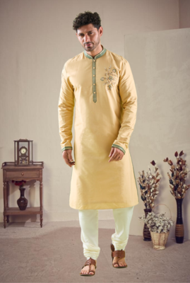 Yellow cotton blend embroidery kurta pajama 2