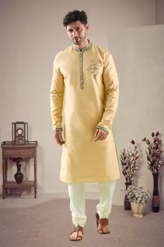 Yellow cotton blend embroidery kurta pajama
