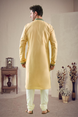 Yellow cotton blend embroidery kurta pajama 3
