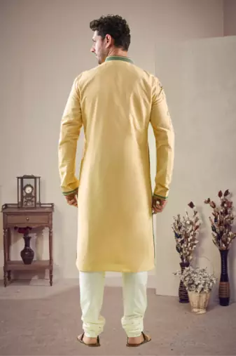 Yellow cotton blend embroidery kurta pajama