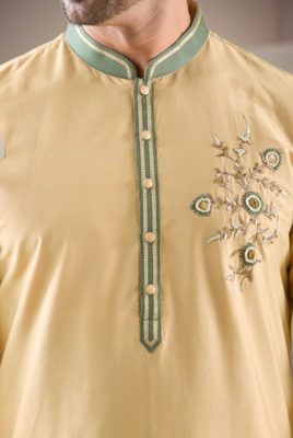 Yellow cotton blend embroidery kurta pajama 4