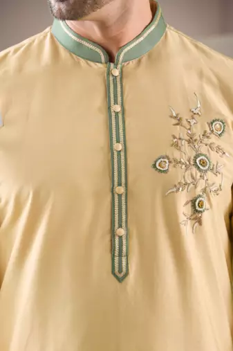 Yellow cotton blend embroidery kurta pajama