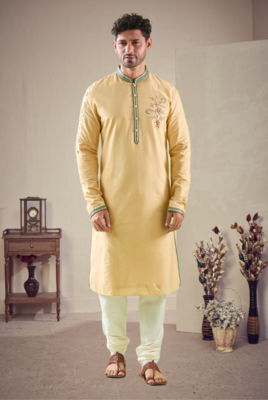 Yellow cotton blend embroidery kurta pajama 5
