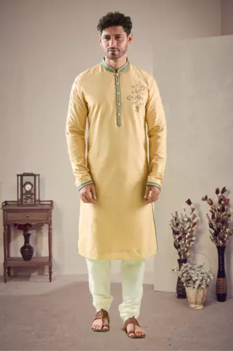 Yellow cotton blend embroidery kurta pajama