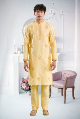 Yellow art silk embroidery kurta pajama and jacket set 1