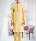 Yellow art silk embroidery kurta pajama and jacket set