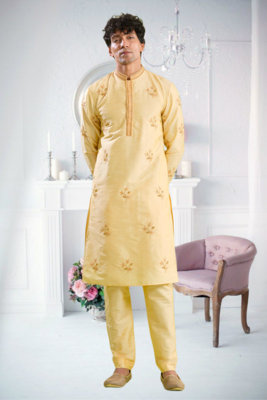 Yellow art silk embroidery kurta pajama and jacket set 2