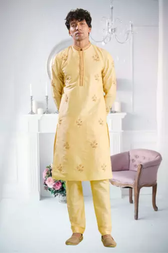 Yellow art silk embroidery kurta pajama and jacket set